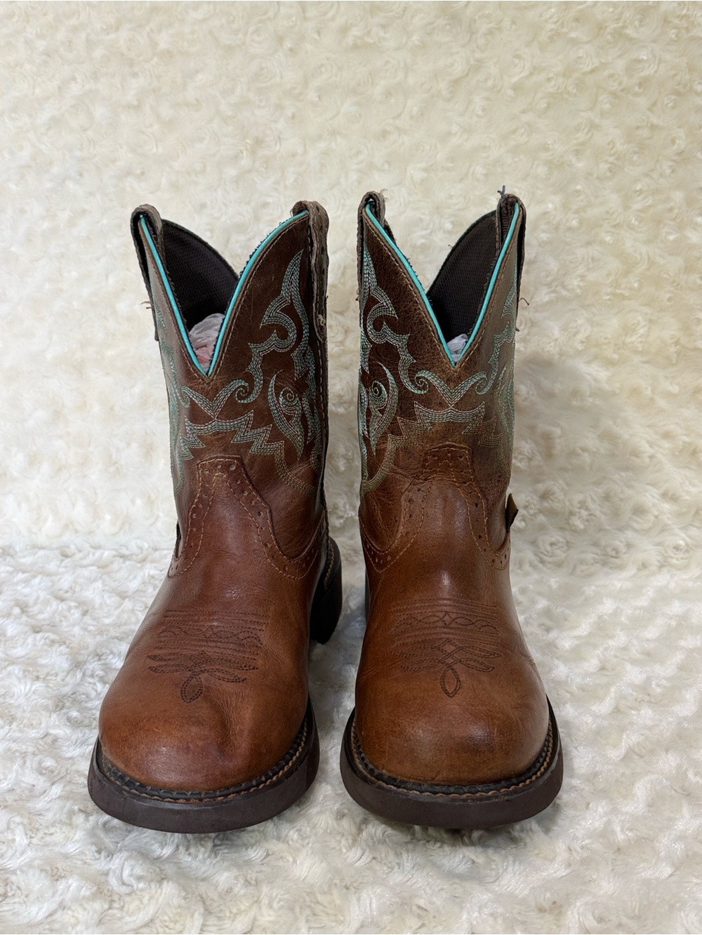Justin Gypsy Brown Leather Western Work Boots with Turquoise Stitching, sz 8 B